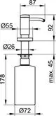 Seifenspender mit integrierter Pumpe, verchromt, designed von Keuco. Darstellung der Maße und Verbindungen im technischen Schema.